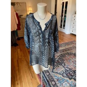 Express Womens Black White Abstract Animal Print Sheer 3/4 Sleeve Blouse Large